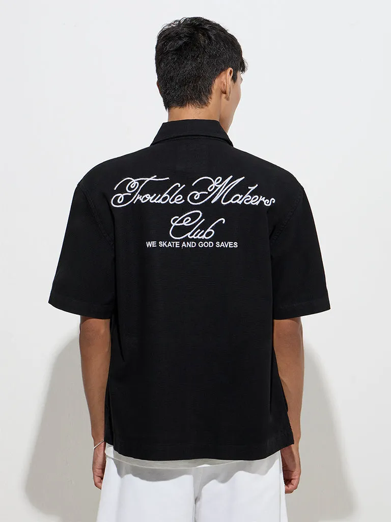 Nuon Black Text Embroidered Relaxed-Fit Cotton Jacket