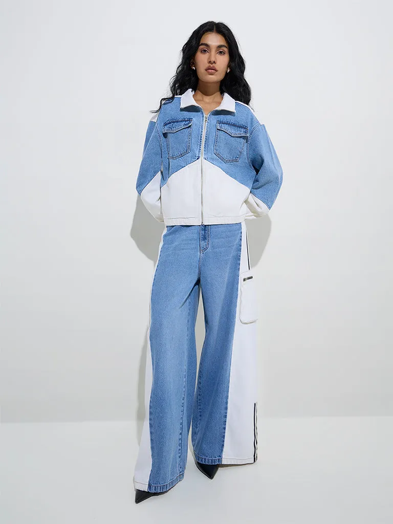 Nuon Blue Colour-Blocked Denim Jacket