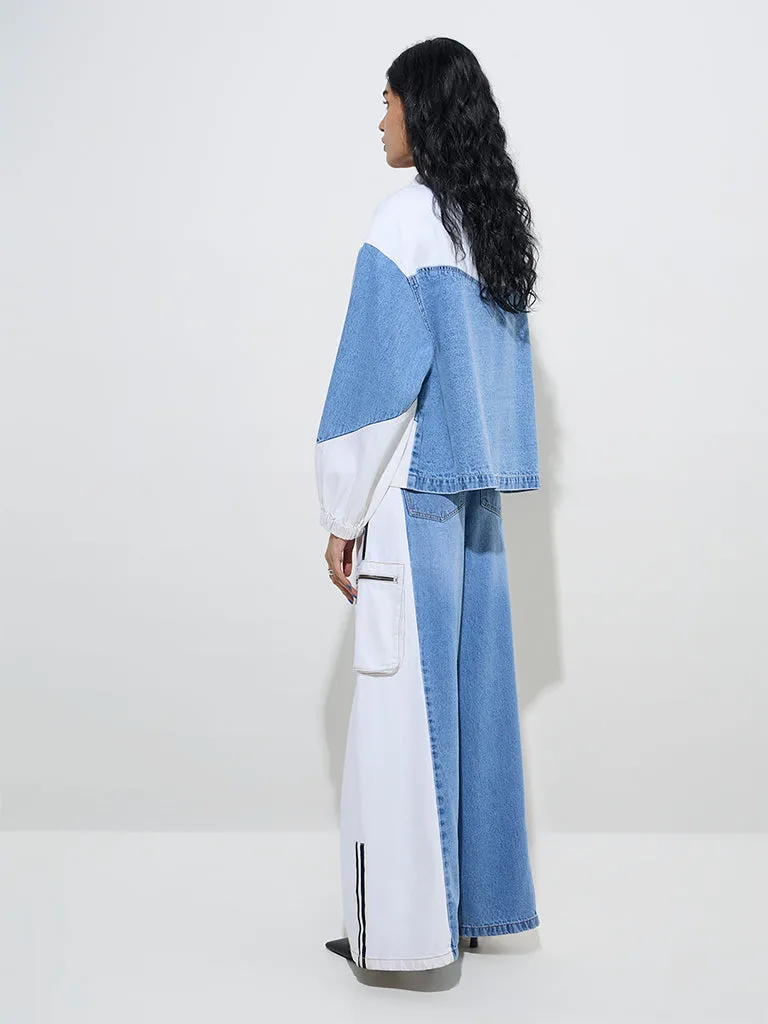 Nuon Blue Colour-Blocked Denim Jacket