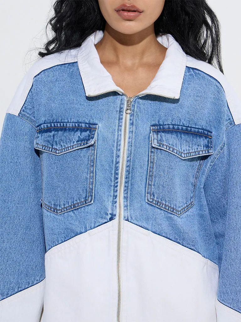 Nuon Blue Colour-Blocked Denim Jacket