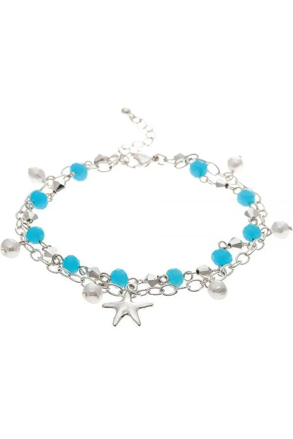 Rain Jewelry Collection Silver Starfish Blue Bead Double Anklet
