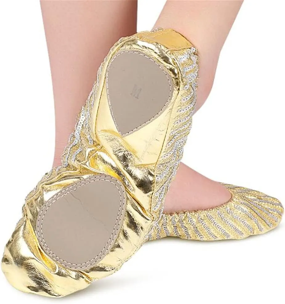 Split Sole Ballet Dance Shoes, Soft Leather Ballet Practice Shoes Belly Dance Training Shoes with Sequins, Girls Women Anti-Slip Ballet Slipper Jazz Gymnastic Pirouette Dance Shoes Yoga Flat Shoe