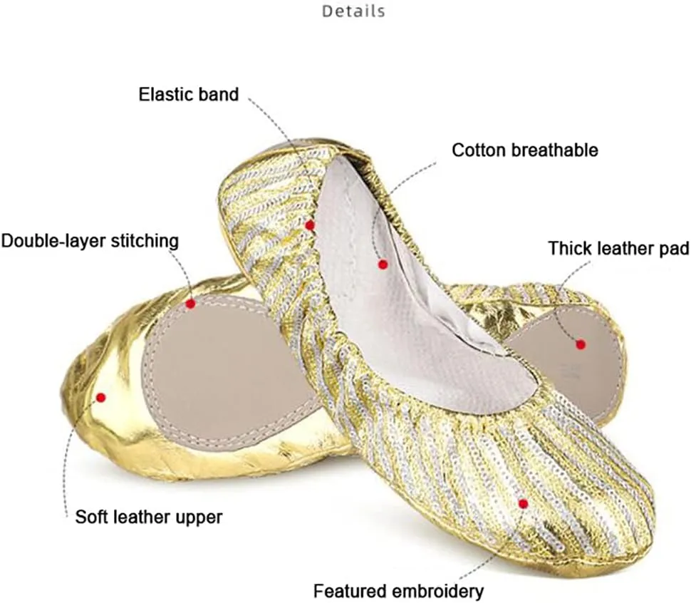 Split Sole Ballet Dance Shoes, Soft Leather Ballet Practice Shoes Belly Dance Training Shoes with Sequins, Girls Women Anti-Slip Ballet Slipper Jazz Gymnastic Pirouette Dance Shoes Yoga Flat Shoe