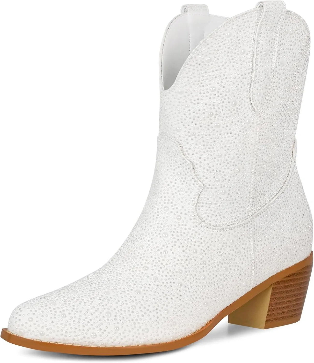 STALOV Short Cowgirl Boots for Women Embroidered Cowboy Ankle Boots,Pointed Toe Low Chunky Heel Pull On Western Stitched Boots