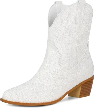 STALOV Short Cowgirl Boots for Women Embroidered Cowboy Ankle Boots,Pointed Toe Low Chunky Heel Pull On Western Stitched Boots