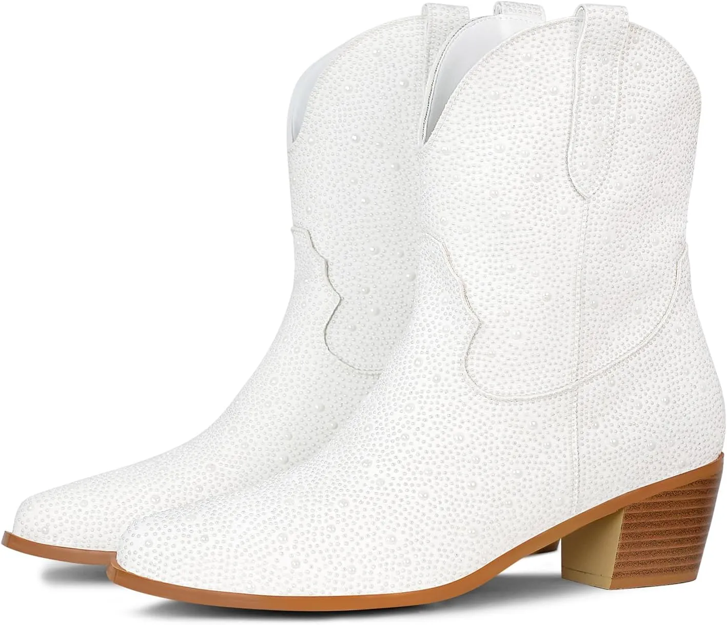STALOV Short Cowgirl Boots for Women Embroidered Cowboy Ankle Boots,Pointed Toe Low Chunky Heel Pull On Western Stitched Boots