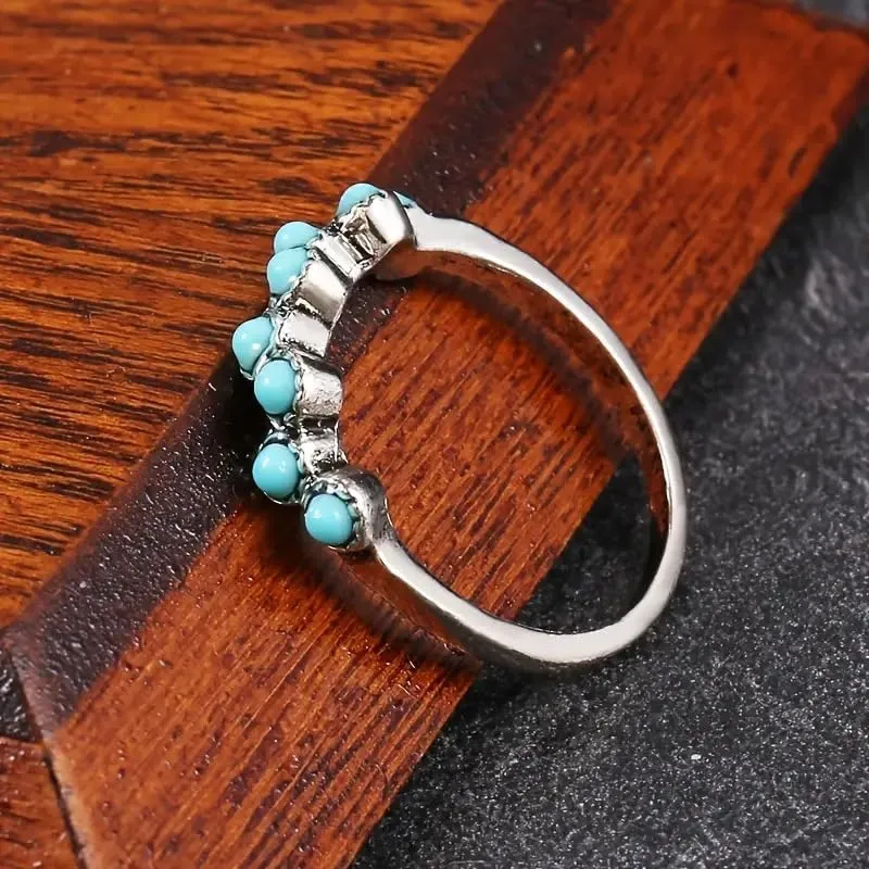 Vintage Small Dainty Ring 925 Sterling Silver Turquoise Stackable Ring for Women Everyday Comfort Ring Bohemia Promise Band Ring(6#)