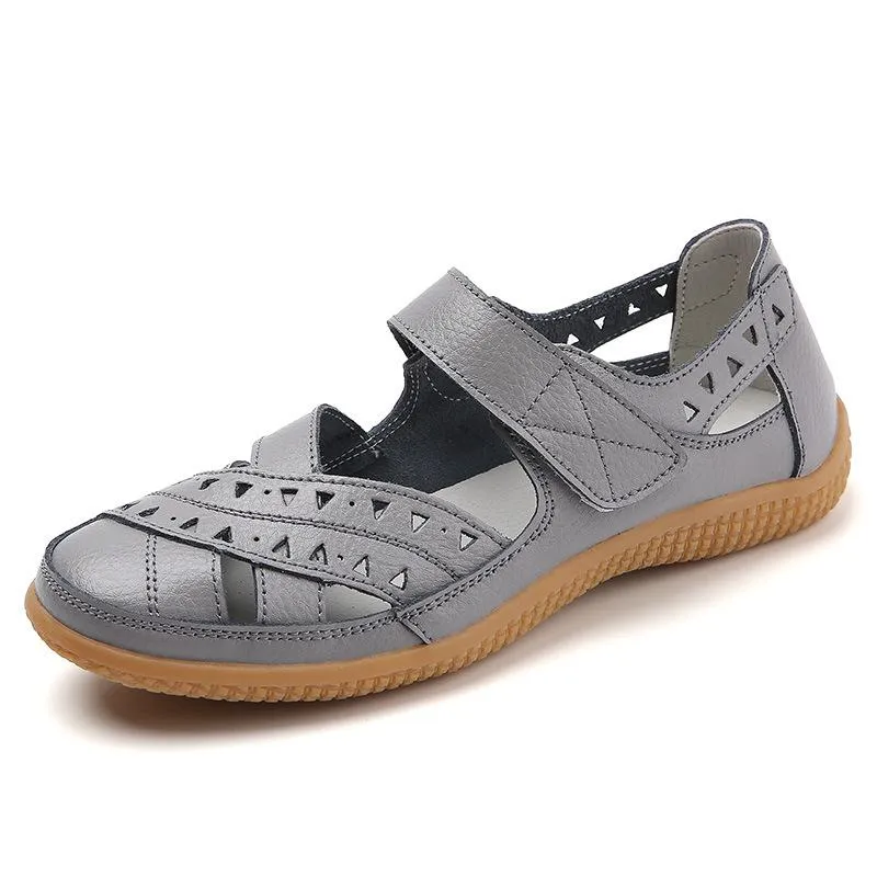 Women's closed toe hollow magic tape sandals flat comfy walking loafers shoes